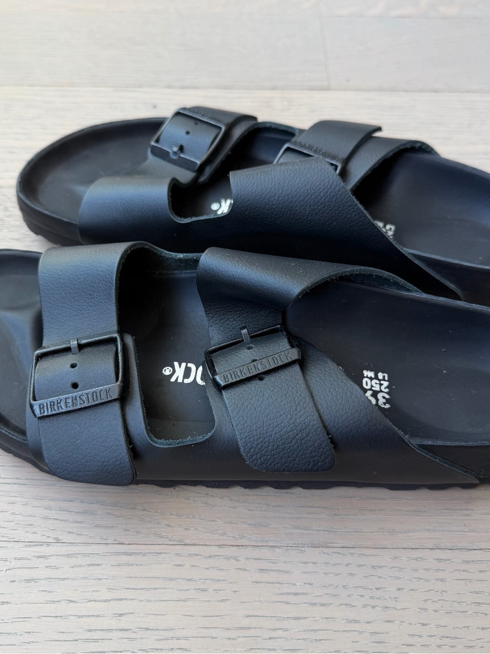 Birkenstock Arizona Black Leather Two-Strap Slide Sandals - Picture 2 of 6